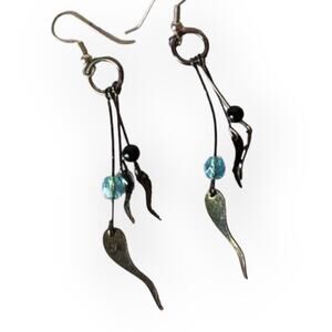 Abstract dangle gunmetal and aqua fish hook earrings